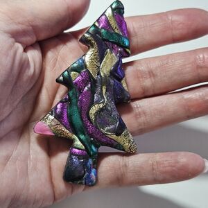 *Sale* Diana's Artistic Boho Swirly Purple, Gold And Green Christmas Tree Brooch